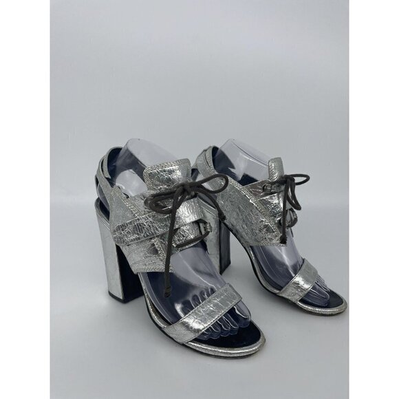 Proenza Schouler Sandals Silver Metallic Woven Leather Size 36 Open Toe Heels - Picture 3 of 6